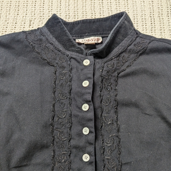 VTG Goth Kar-a-Van Embroidered Beaded Button Up Shirt LS Black Women's Large - Picture 3 of 8